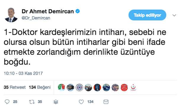 Sağlık Bakanından intihar eden hekimlerle ilgili Twit