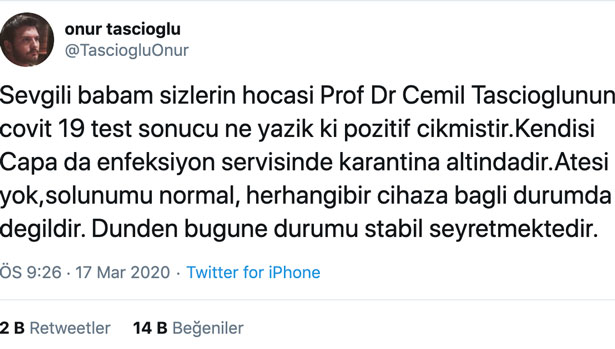 Oğlu duyurdu: Çapa Dahiliye hocası Prof. Dr. Cemil Taşcıoğlu’nun Kovid-19 testi pozitif çıktı