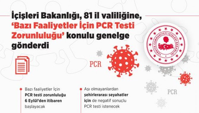 İçişleri Bakanlığı, 81 il valiliğine, "Bazı Faaliyetler İçin PCR Testi Zorunluluğu" konulu genelge gönderdi