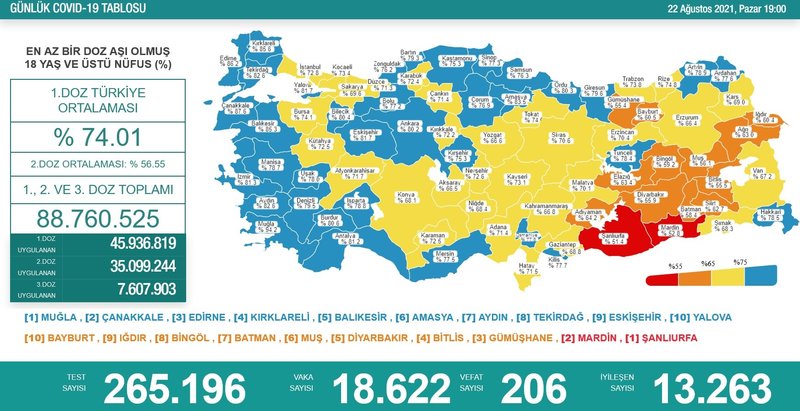 Türkiye'de 18 bin 622 kişinin Kovid-19 testi pozitif çıktı, 206 kişi hayatını kaybetti