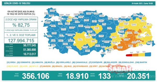 Türkiye'de son 24 saatte 18 bin 910 kişinin Kovid-19 testi pozitif çıktı, 133 kişi yaşamını yitirdi