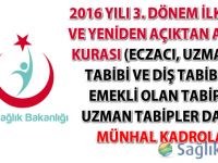 2016 yılı 3. dönem ilk defa ve yeniden açıktan atama kurası (Eczacı ve diş tabipleri ile emekli olan tabip ve uzman tabipler dahil) münhal kadrolar