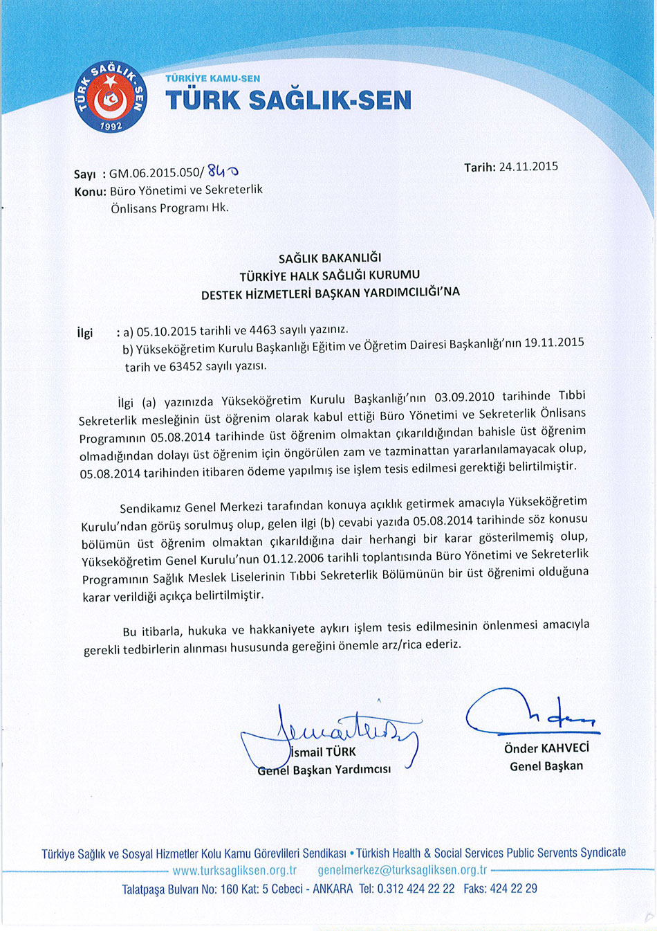 Halk Sağlığı Kurumuna Konuyla İlgili Başvurumuz